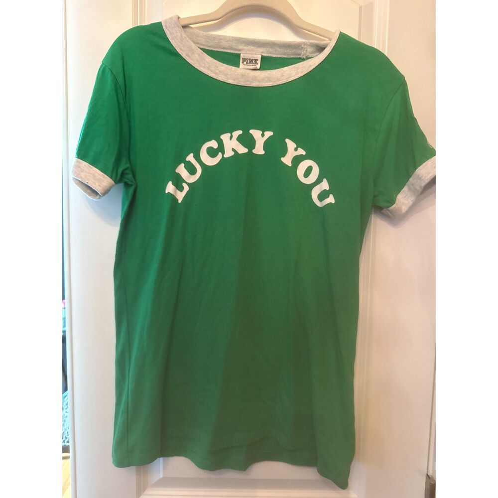 PINK St. Patrick's Day Lucky You Ringer Tee Size Med EUC